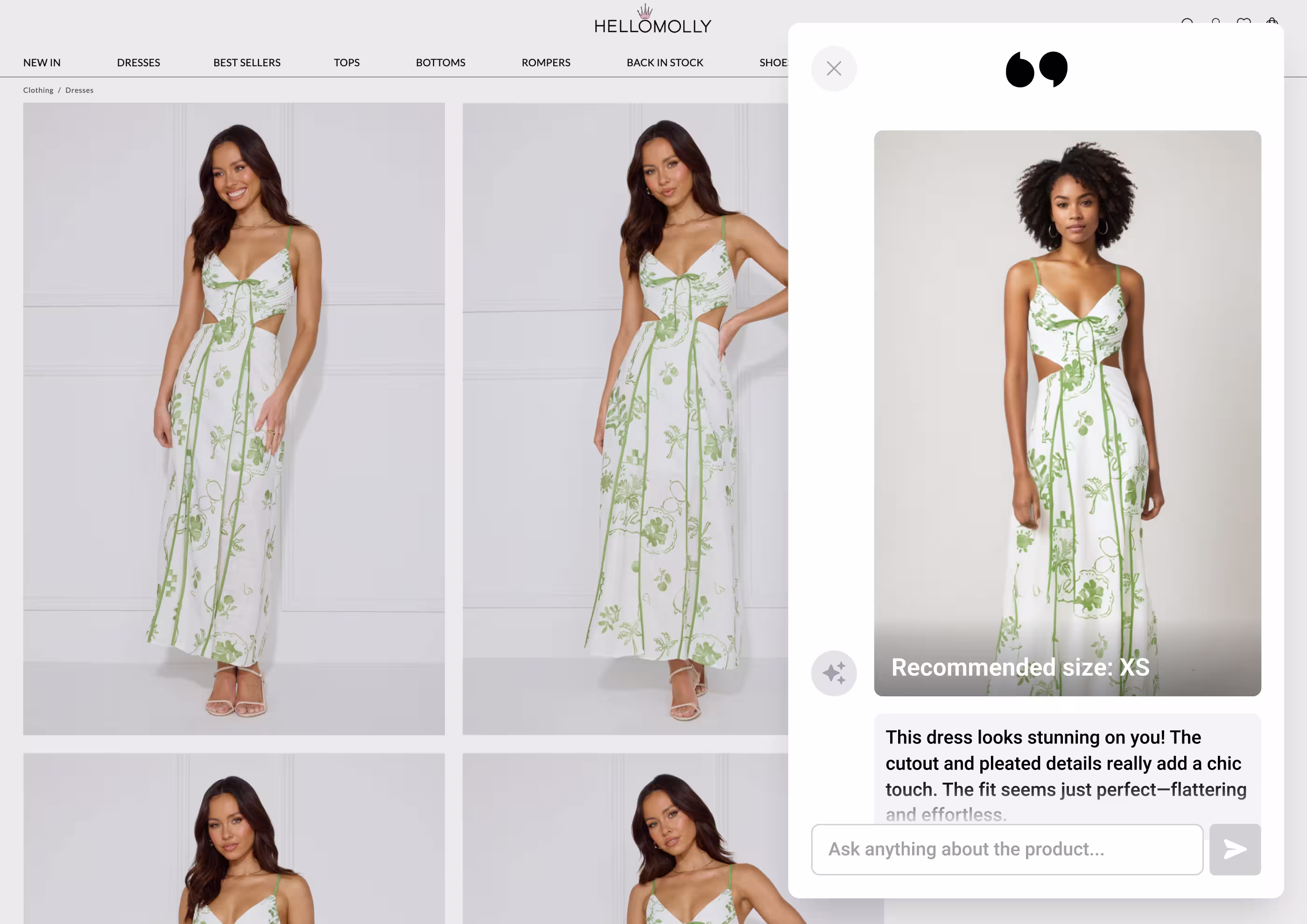 Tolstoy AI Shopper virtual try-on experience with size guidance and complementary product options