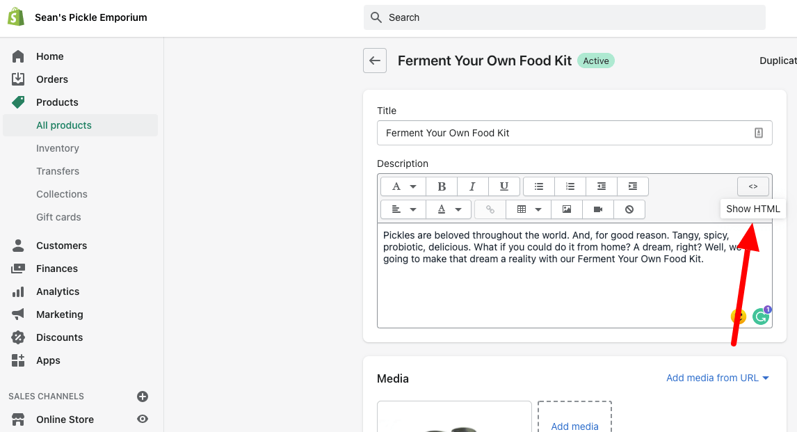  Click the <> icon to Show HTML