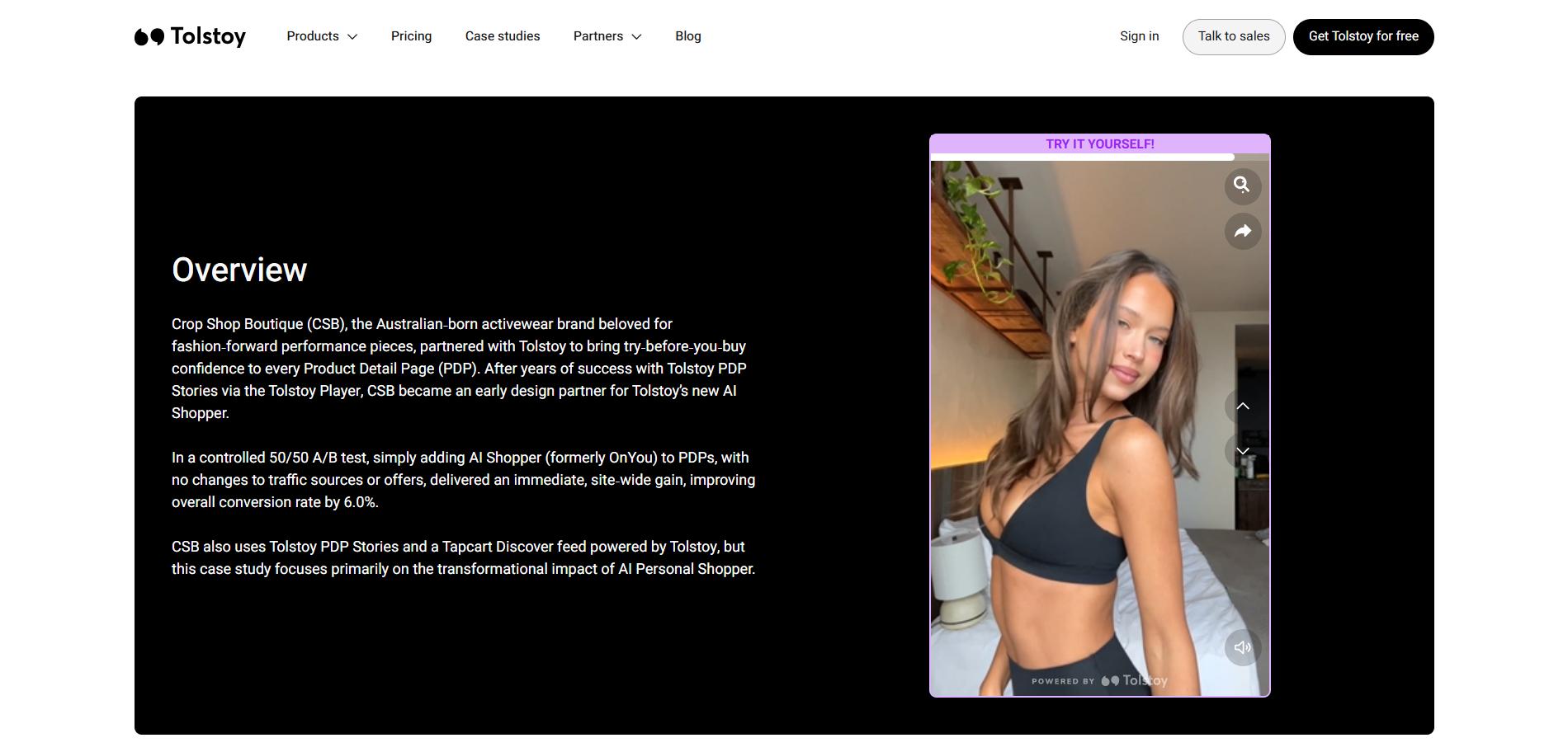 Tolstoy case study page showing overview text and a shoppable video of a model wearing activewear, demonstrating try-before-you-buy and AI Shopper features.
