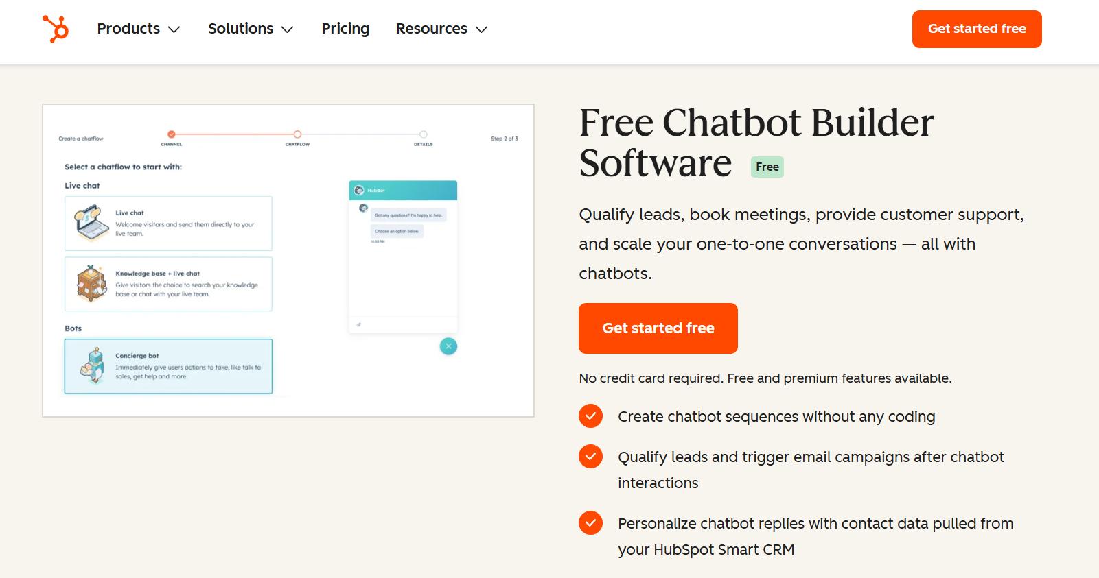 HubSpot’s free chatbot builder showing no-code chatflow creation for lead qualification, meeting booking, and customer support.