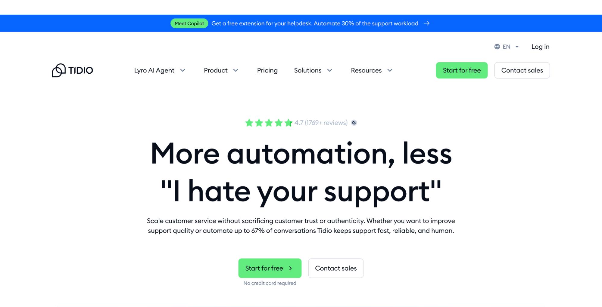 Tidio homepage promoting its AI-powered customer support and automation platform designed to scale conversations while maintaining a human touch.