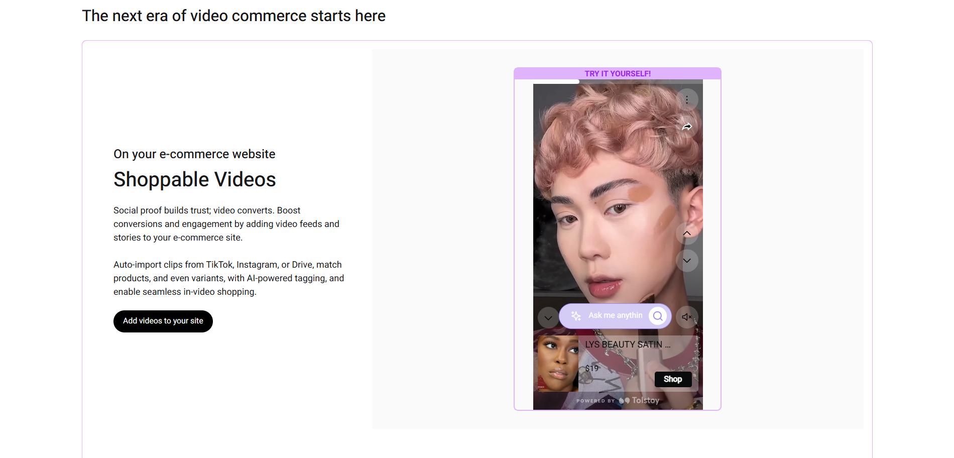 Shoppable video on an e-commerce site, showing interactive product tags and in-video shopping powered by AI.