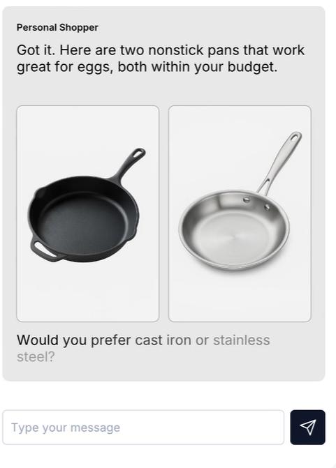 AI personal shopper recommending two nonstick pans with product images and a follow-up question to guide purchase choice.