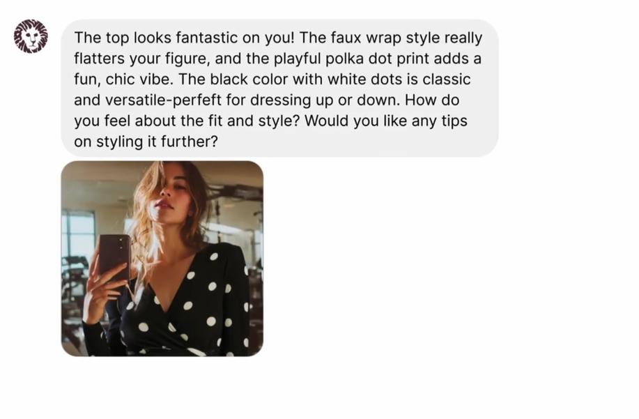 AI styling assistant giving outfit feedback next to a photo of a shopper wearing a black polka dot wrap-style top.