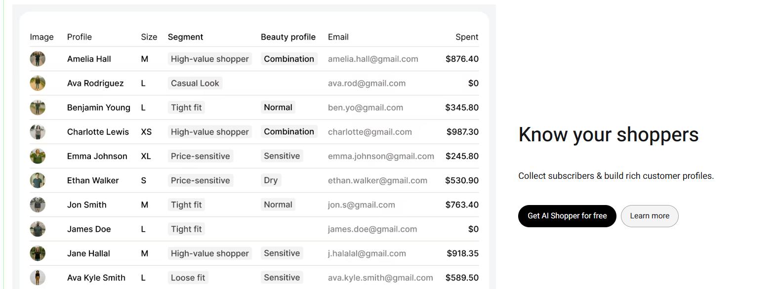 Analytics dashboard showing shopper profiles with sizes, segments, beauty preferences, emails, and total spend data.