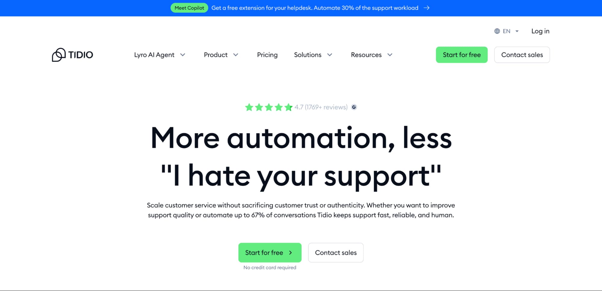 Tidio homepage highlighting Lyro AI Agent with headline about automating customer support and reducing negative support experiences.