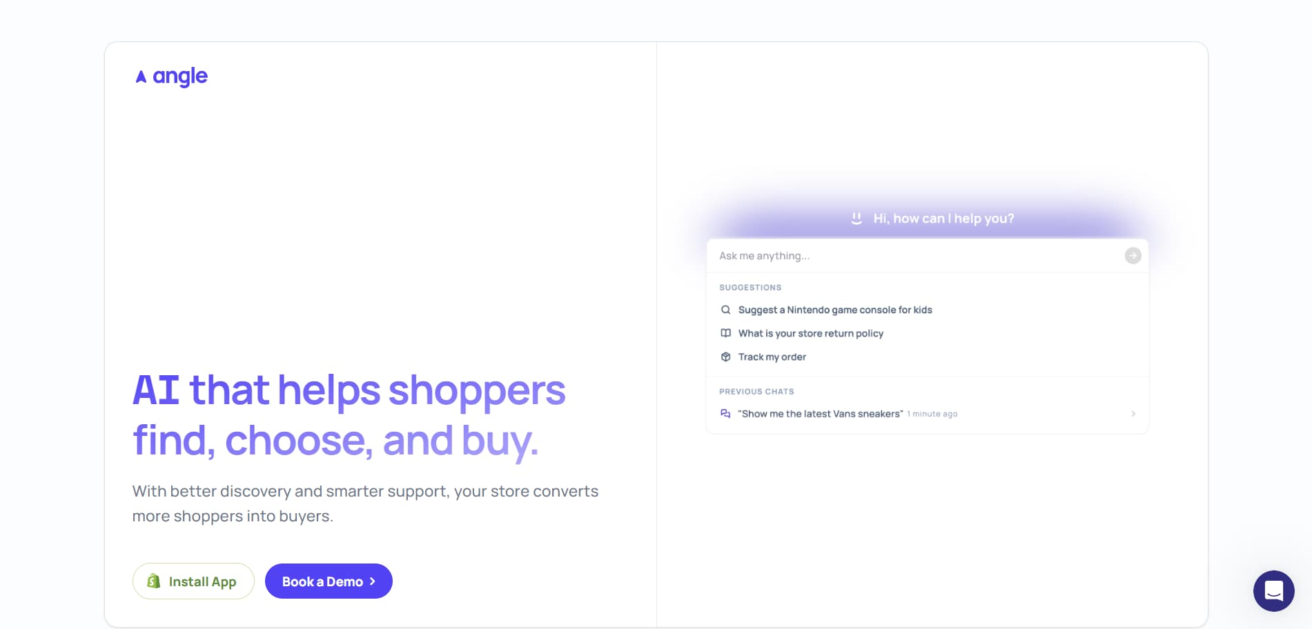 Angle homepage showing an AI shopping assistant that helps ecommerce shoppers find products, get support, and complete purchases.