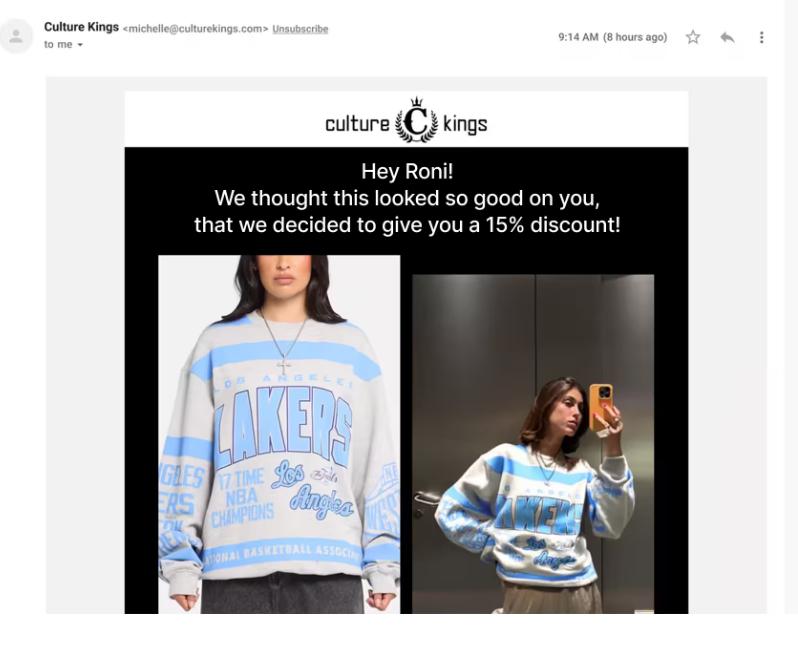 Culture Kings offering a 15% discount, showing Lakers sweatshirt product photo beside a mirror selfie.