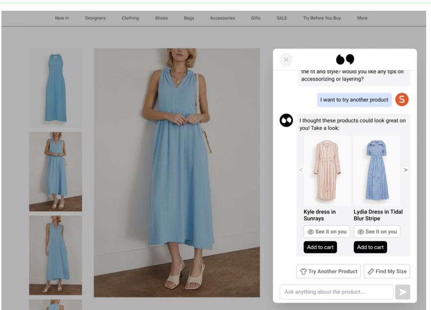 Tolstoy AI Shopper dress recommendation with "See it on you" buttons.