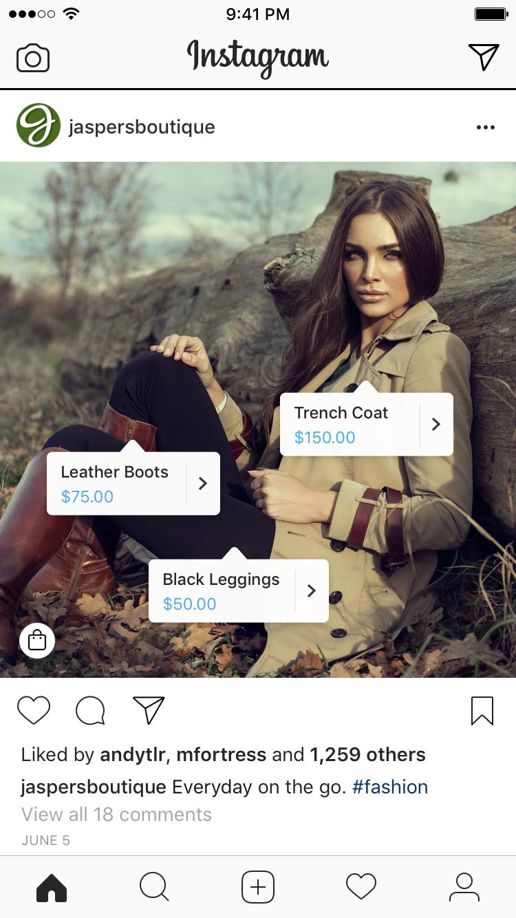 Instagram shopping post showing model wearing trench coat, leather boots, and black leggings with product tags and prices.