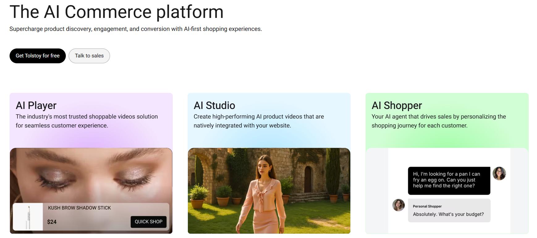 Tolstoy, AI commerce platform webpage showing AI Player, AI Studio, and AI Shopper features with product video, content creation, and personalized shopping assistant.