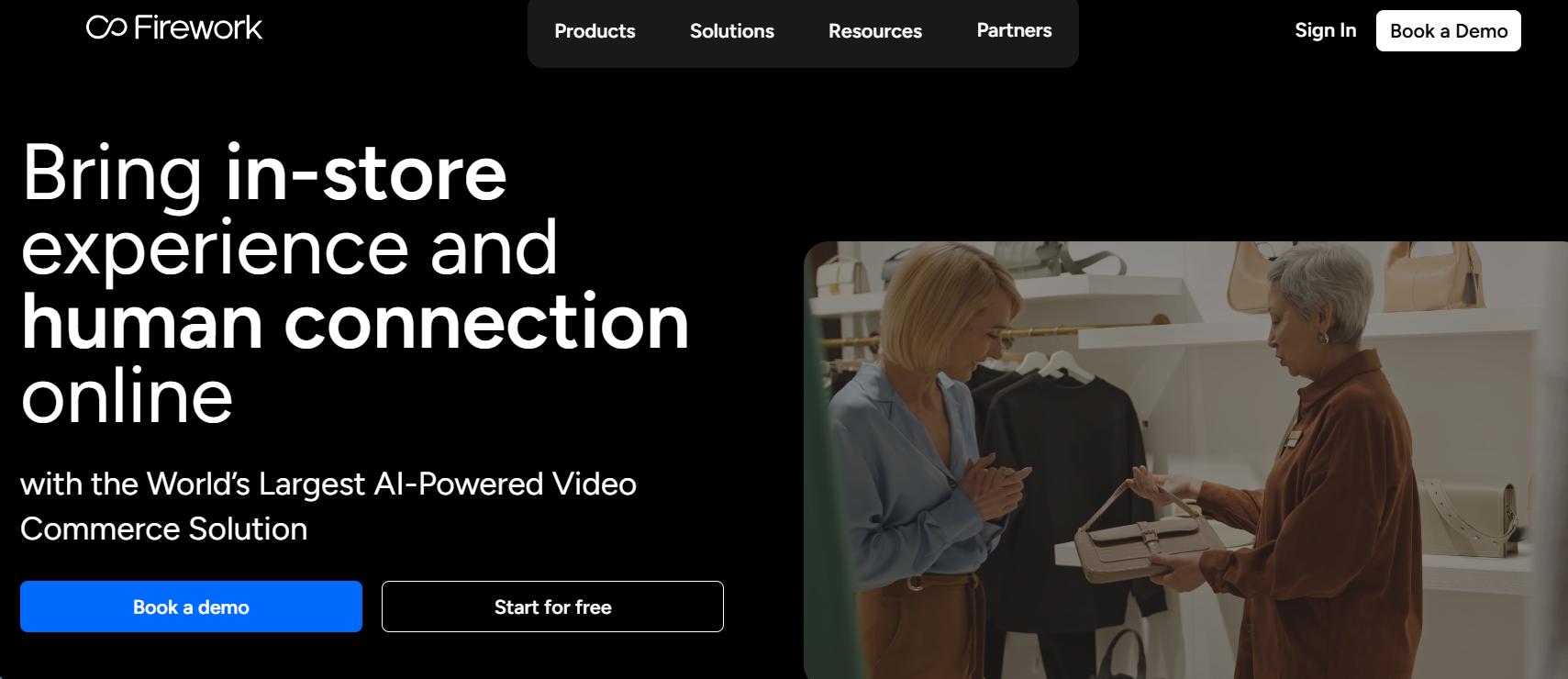 Firework homepage banner promoting AI-powered video commerce, showing headline text and two women shopping in a retail store.