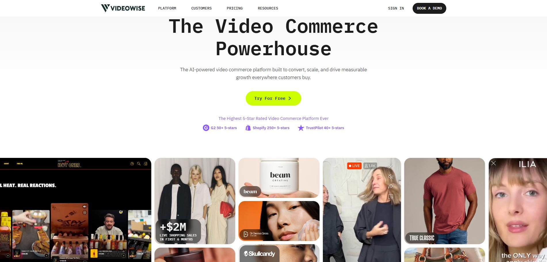 Videowise homepage with headline “The Video Commerce Powerhouse,” AI-powered features, free trial button, and shoppable video examples.