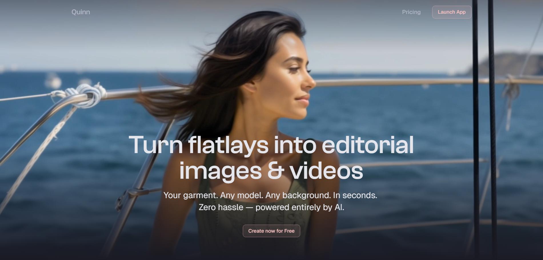 Quinn homepage hero showing AI fashion platform with a headline about turning flatlays into editorial images and videos, and a create-for-free button.
