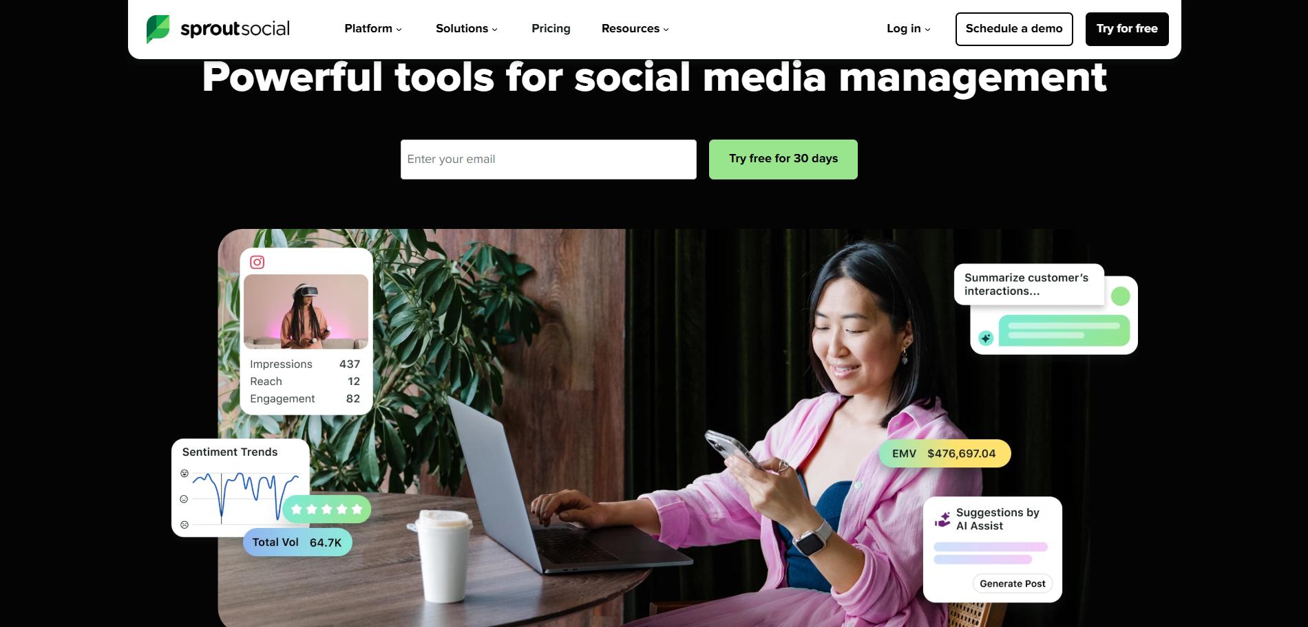 Sprout Social homepage showing tools for social media management, analytics, and AI insights.