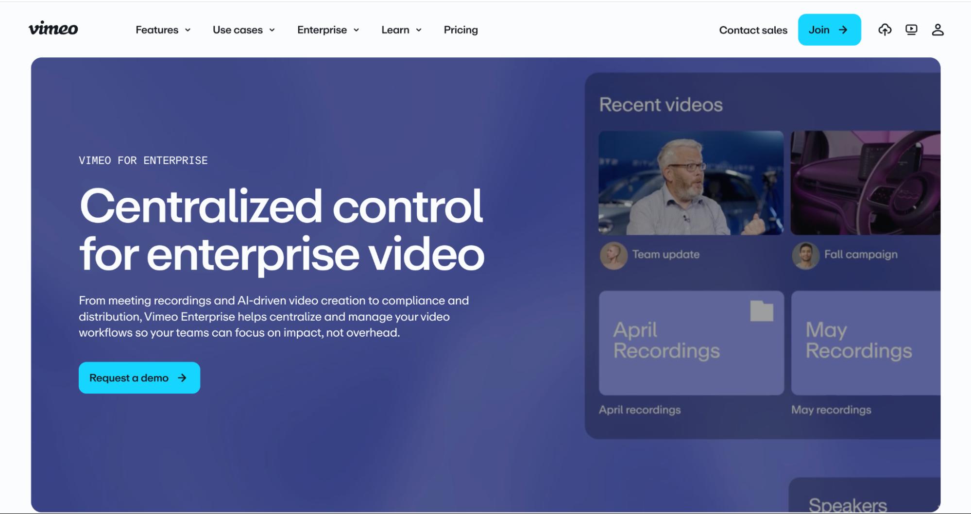 Vimeo Enterprise homepage highlighting centralized control for enterprise video, with dashboard preview, recent videos, recordings, and request demo button.