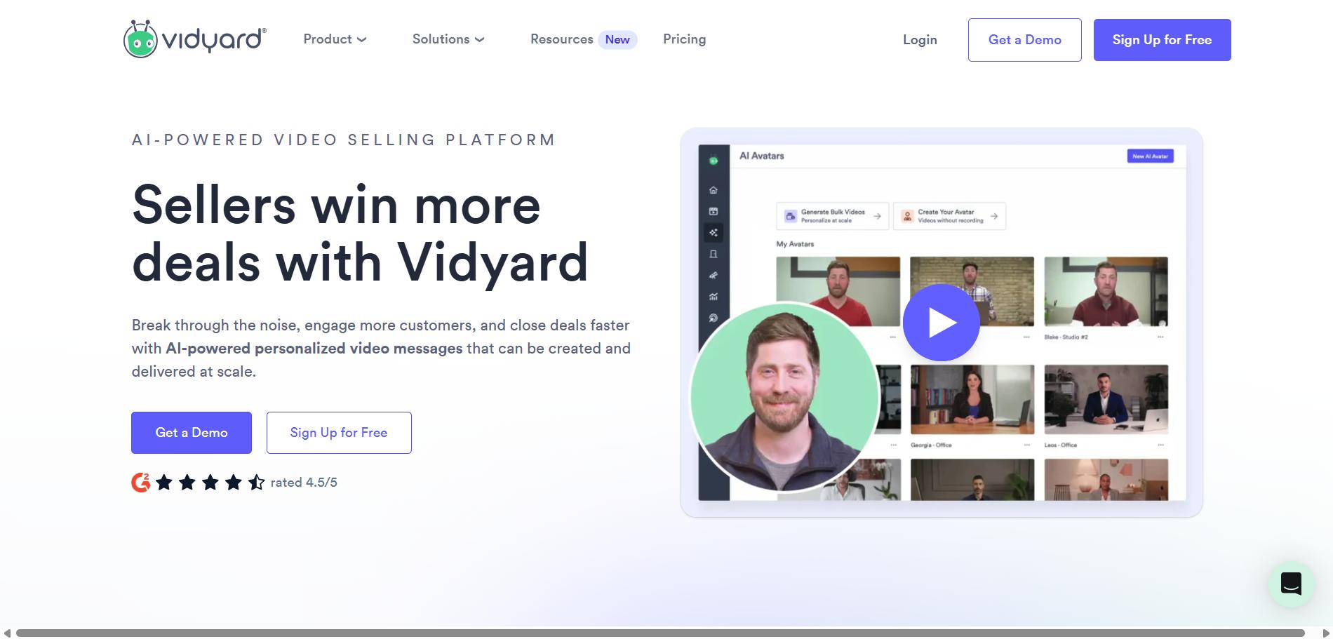Vidyard homepage showing AI-powered video selling platform with personalized video avatars, dashboard preview, and calls to get a demo or sign up free.