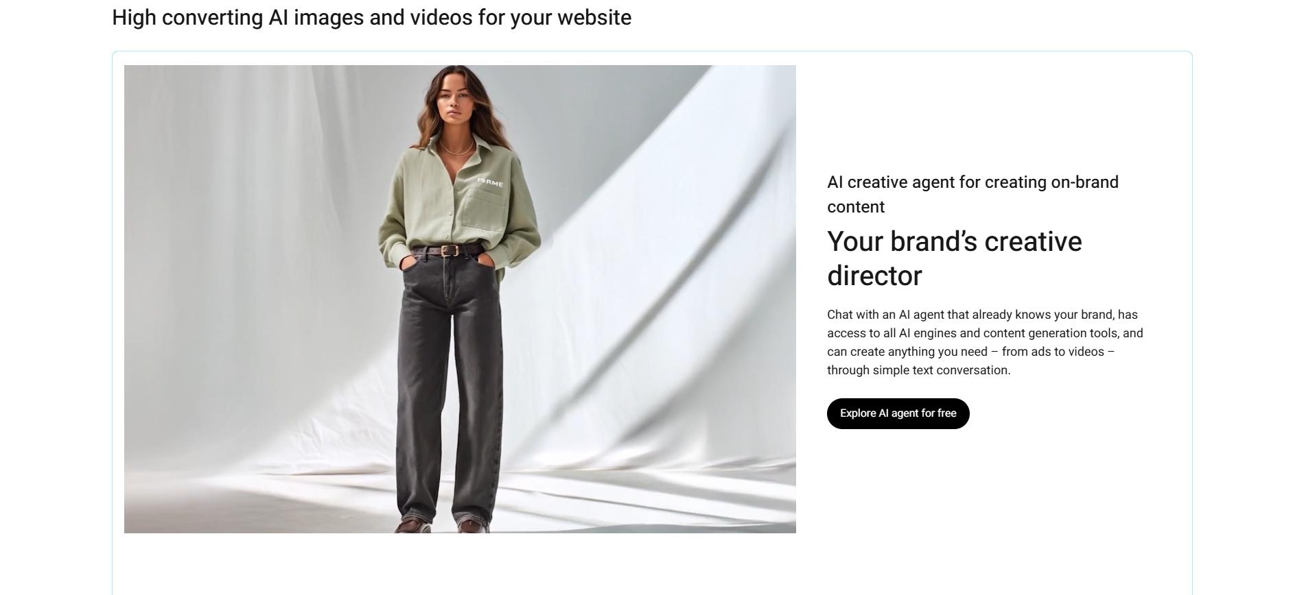 Woman in minimalist studio wearing green shirt and dark jeans, showcasing AI-generated fashion content for website creatives