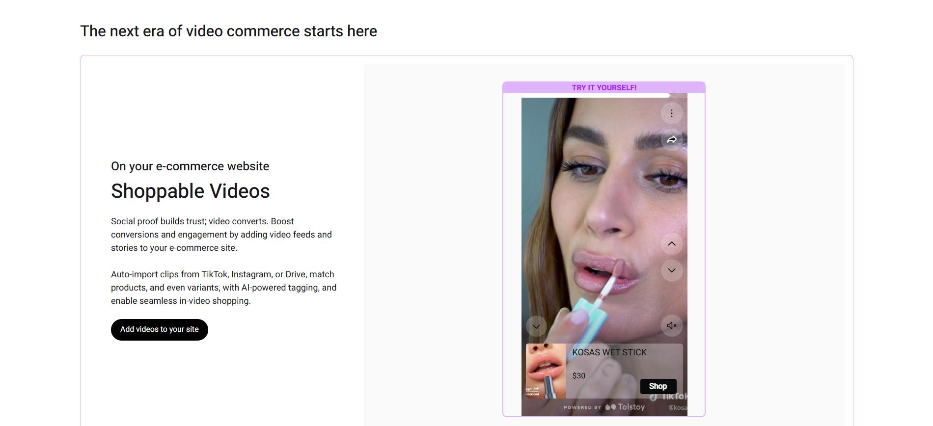 Close-up of woman applying lip gloss in a shoppable video interface with product tag and price for e-commerce site