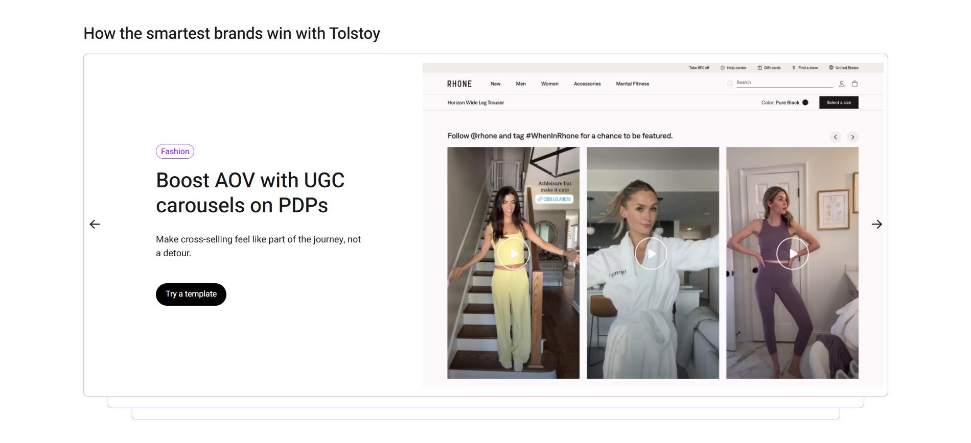 UGC video carousel on fashion product page showing influencers wearing outfits to boost AOV and cross-selling on e-commerce site.