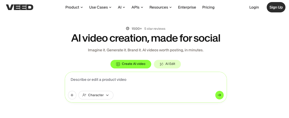 VEED AI video creation homepage screenshot